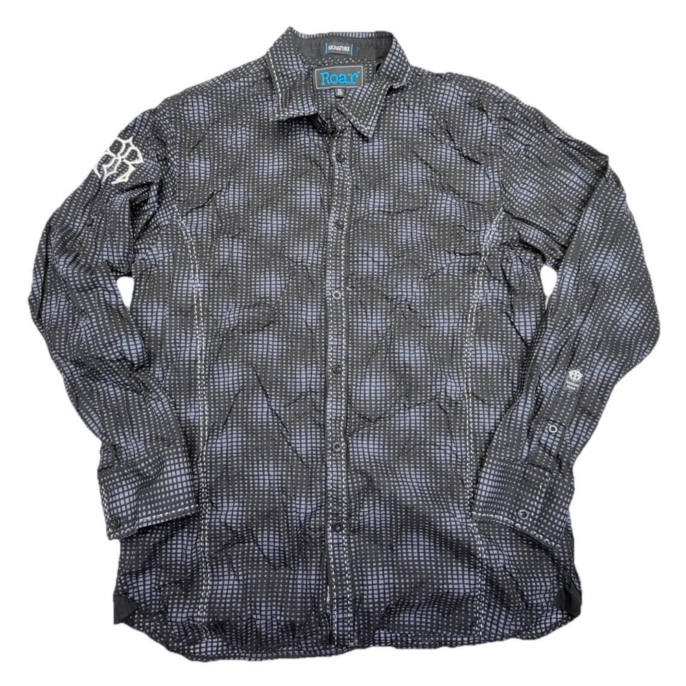 Roar Signature Touch Get It Done Button Shirt Gray Check XL Embroidered Y2K Styl